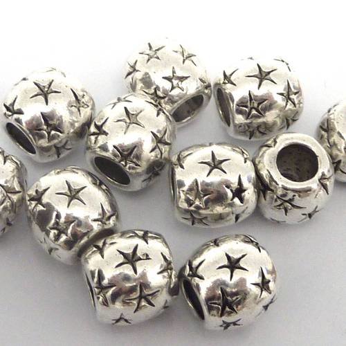 5 perles ronde 10,9mm gravé d'étoiles en métal argenté à gros trou