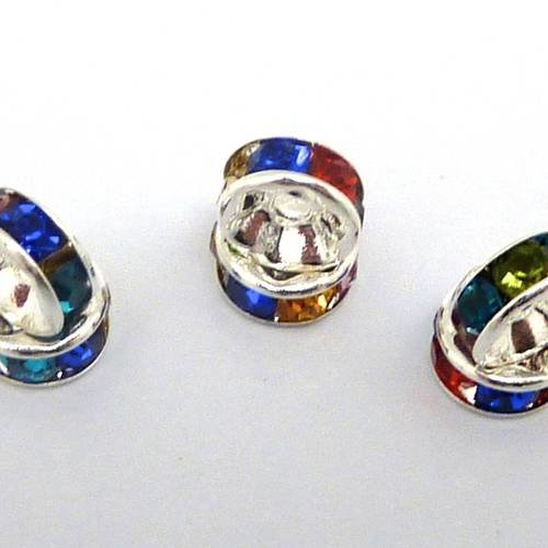 30 perles rondelle strass multicolore 6mm intercalaire argenté brillant 