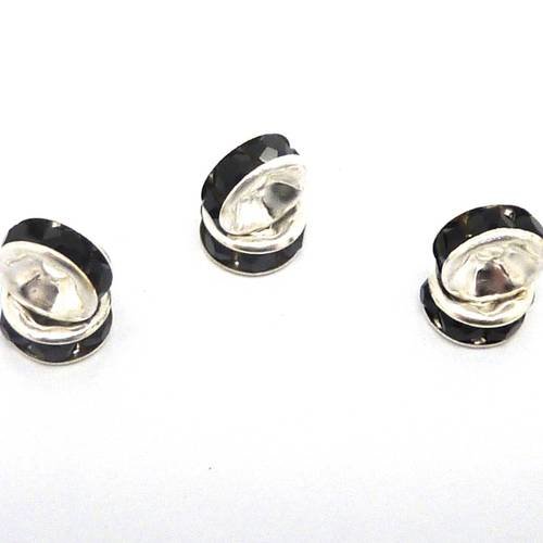 30 perles rondelle strass noir 6mm intercalaire argenté brillant 