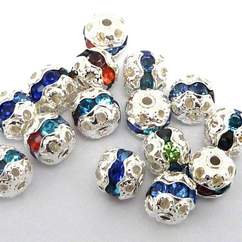 5 perles ronde filigrane 6mm serti de strass multicolore et acrylique argenté 