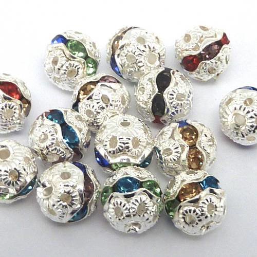 5 perles ronde filigrane 8mm serti de strass multicolore et acrylique argenté 