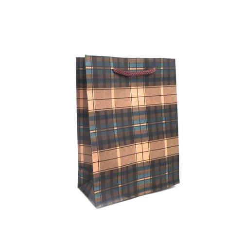Pochette cadeaux 11 x 14cm motif carreaux marron bleu/vert à soufflet en papier épais 
