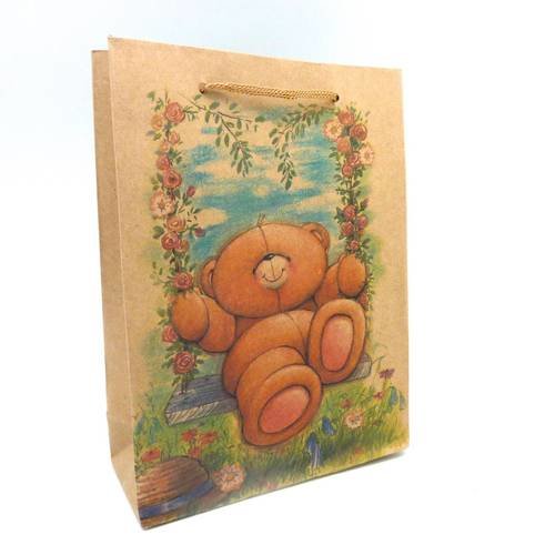 Pochette cadeaux 20 x 15cm ourson à soufflet en papier épais 