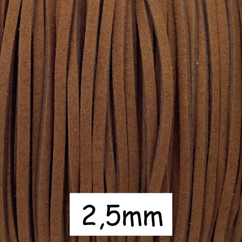 2m cordon plat daim synthétique de couleur marron châtaigne 2,5mm