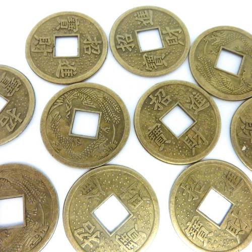 50 grandes perles intercalaires pièces chinoises 23,4mm en métal de couleur bronze, vieil or mat 