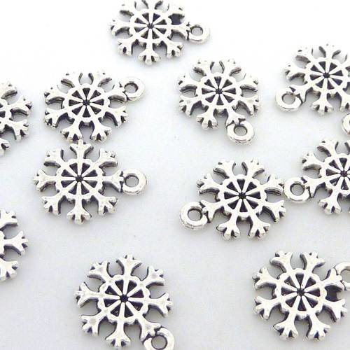 100 breloques flocon de neige, étoile 13,3mm en métal argenté 