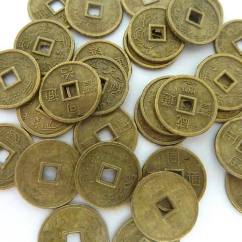 30 petites perles intercalaires pièces chinoises 10mm en métal de couleur bronze, vieil or mat 