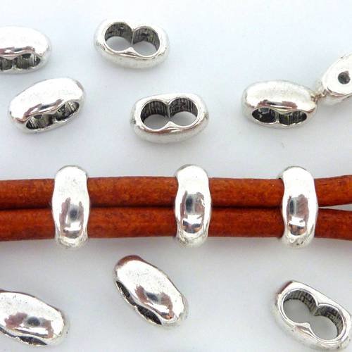 5 perles passant "double trou" 11,8 x 5,4mm en métal argenté pour cordons de 4mm