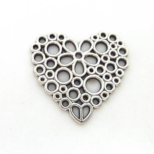 5 perles connecteur coeur filigrane en métal argenté - pendentif
