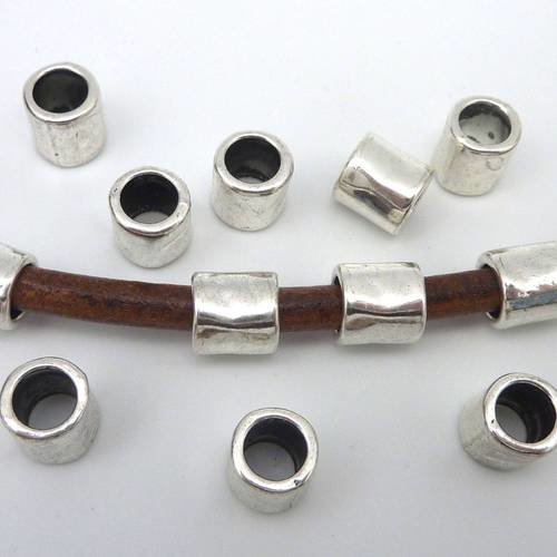 50 perles tube martelé en métal argenté à gros trou pour cordon de 6mm 