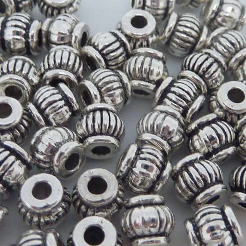 50 perles connecteur ronde, tonneau fine 5mm striée en métal argenté 