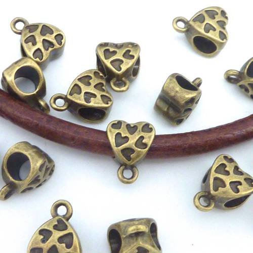5 perles support breloque coeur 11,4mm ou bélière filigrane coeur en métal de couleur bronze gravé