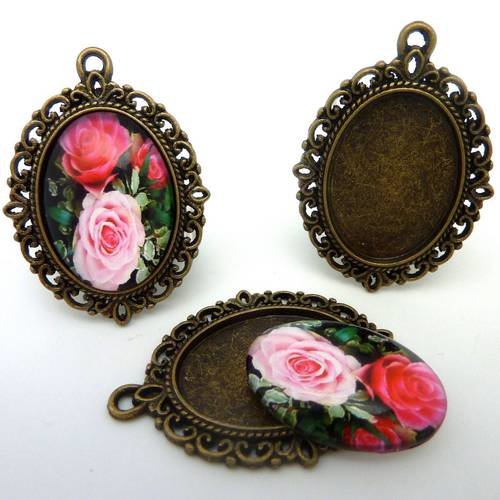 Support cabochon pendentif 39,3mm ovale en métal filigrane de couleur bronze  + cabochon ovale en verre 25 x 18mm motif rose 