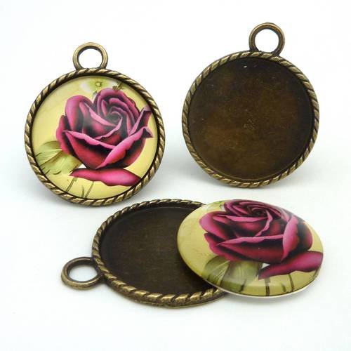 Grand support cabochon pendentif 40,7mm rond en métal de couleur bronze  + cabochon rond en verre 30mm motif rose 