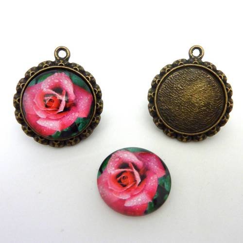 Support cabochon pendentif 26mm rond en métal de couleur bronze + cabochon rond en verre 20mm motif rose 
