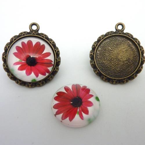 Support cabochon pendentif 26mm rond en métal de couleur bronze + cabochon rond en verre 20mm motif marguerite rose 