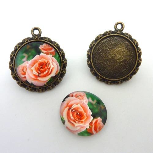 Support cabochon pendentif 26mm rond en métal de couleur bronze + cabochon rond en verre 20mm motif rose orange 