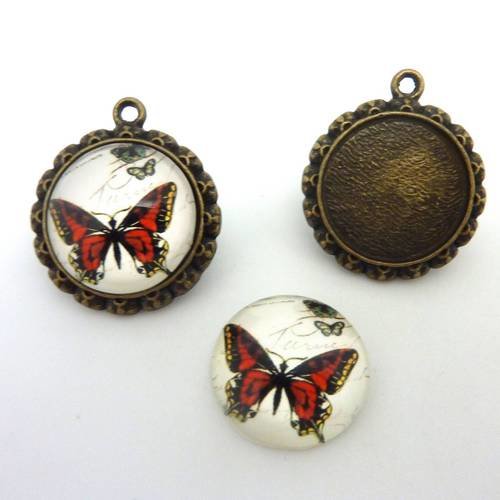 Support cabochon pendentif 26mm rond en métal de couleur bronze + cabochon rond en verre 20mm motif papillon rouge 