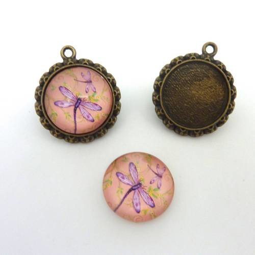 Support cabochon pendentif 26mm rond en métal de couleur bronze + cabochon rond en verre 20mm motif libellule rose 