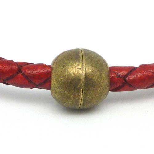 Fermoir aimanté boule, rond pour cordon de 5mm - 5,5mm en métal de couleur bronze pour cordon de 5,5mm