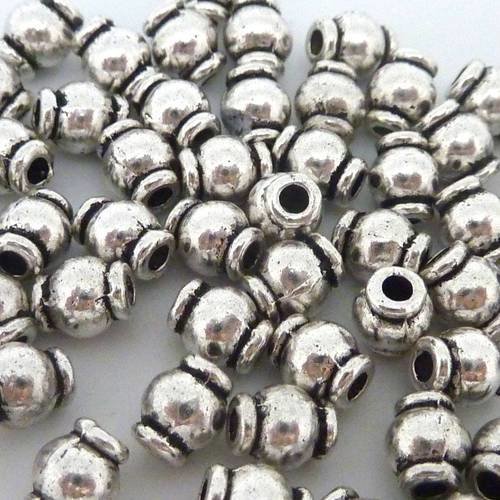 25 perles fine ronde tonneau 5mm en métal argenté, trou 1,6mm