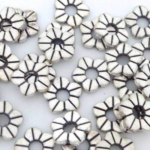 50 perles fleur, intercalaire fleur 9,5mm en métal argenté 