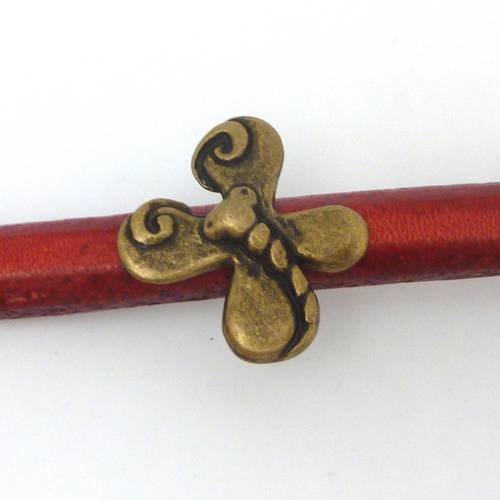5 perles passant papillon 23,5mm en métal de couleur bronze pour lanière épaisse, foulard, cuir regaliz