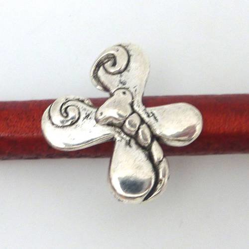 Perle passant papillon 23,5mm en métal argenté pour lanière épaisse, foulard, cuir regaliz