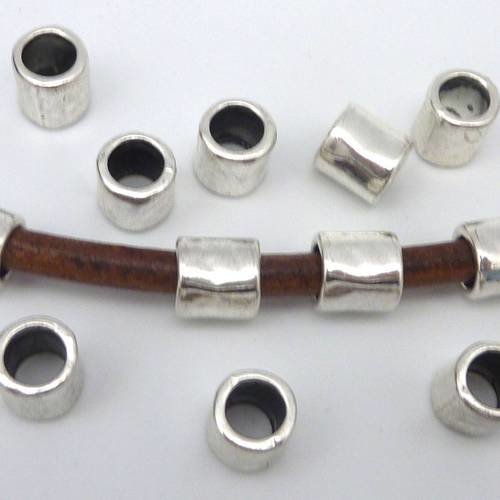 20 perles tube martelé en métal argenté à gros trou pour cordon de 6mm