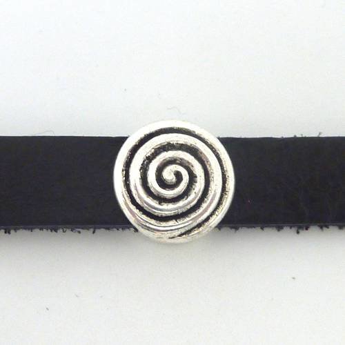 5 perles passant ronde motif spirale en métal argenté pour lanière de 10mm