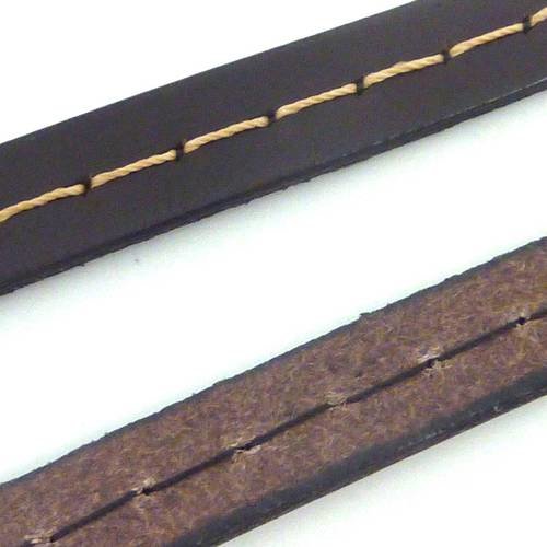 1cm de cordon cuir plat 10mm avec couture marron foncé - cuir veritable - vendu au cm