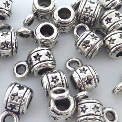 Lot de 20 mini perles support breloque gravé étoile 9mm, belière en métal argenté