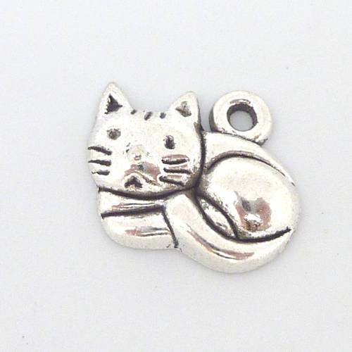 4 breloques, pendentifs petit chat paisible en métal argenté 12,7mm