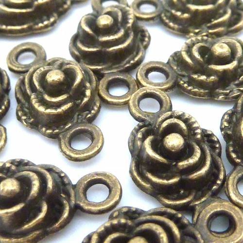 10 perles connecteur rose 9,4mm en métal de couleur bronze 