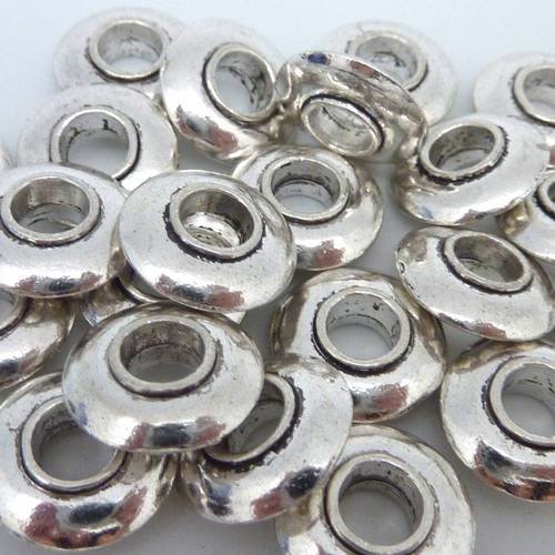 10 perles disque biseauté 14,1mm en métal argenté gros trou 