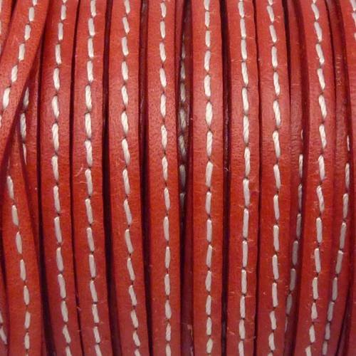 1m de cordon cuir plat 3mm avec couture rouge 