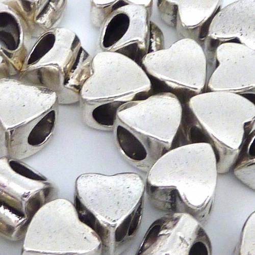 10 perles coeur 8,7mm en métal argenté, à gros trou 4,6mm