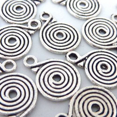 25 breloques ronde spirale, réglisse 12,6mm en métal argenté