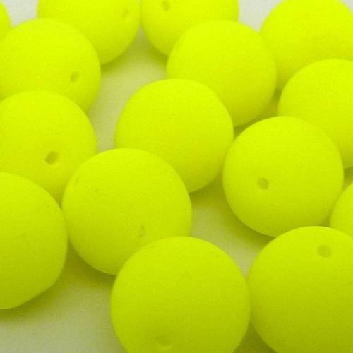2 perles rondes 10mm en verre de couleur jaune fluo 