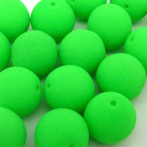 2 perles rondes 10mm en verre de couleur vert fluo 
