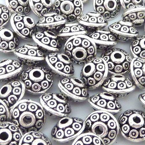 20 perles toupie en métal argenté gravé de petits ronds 7mm
