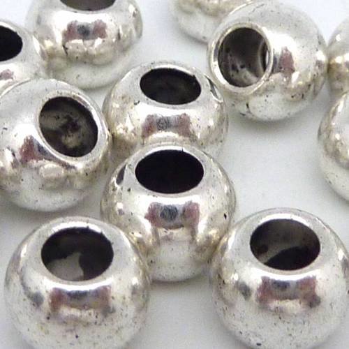 10 perles ronde 7,6mm à gros trou 3,6mm en métal argenté