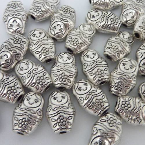 15 perles poupée russe matriochka 12mm en métal argenté