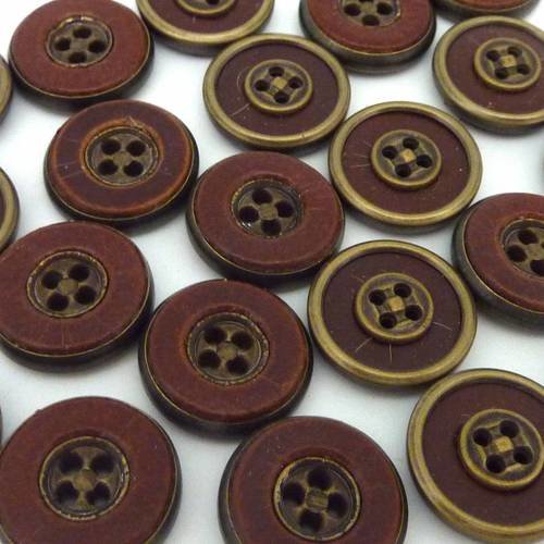 30 boutons 16,2mm connecteur vintage rond cuir marron et métal bronze 