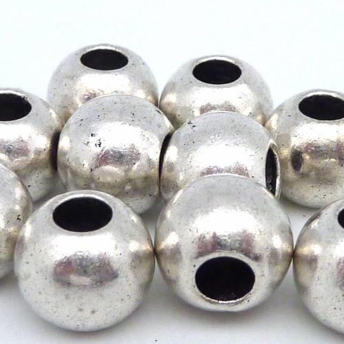 5 perles ronde grosse en métal argenté lisse gros trou 4,7mm