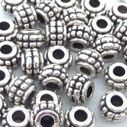 10 perles cylindre, tube, tonneau en métal argenté strié 7,2mm