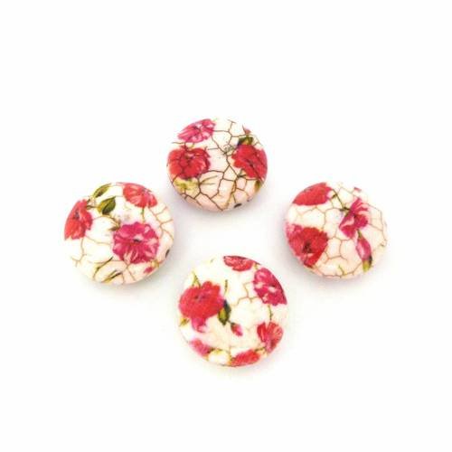 4 perles ronde plates 19,5mm en pierre peinte fond crème fleurs rose