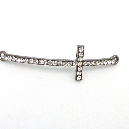R-perle de jonction croix 50mm en métal argenté vieilli strass argenté 