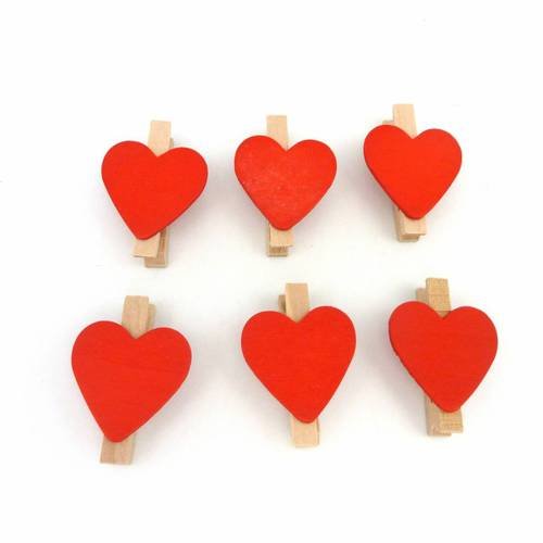 R-lot de 6 mini pinces à linge coeur rouge uni en bois 45mm 