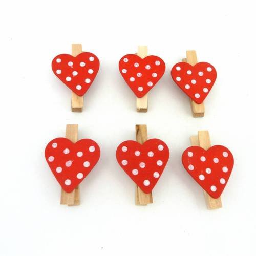 R-lot de 6 mini pinces à linge coeur rouge à pois blanc en bois 45mm 